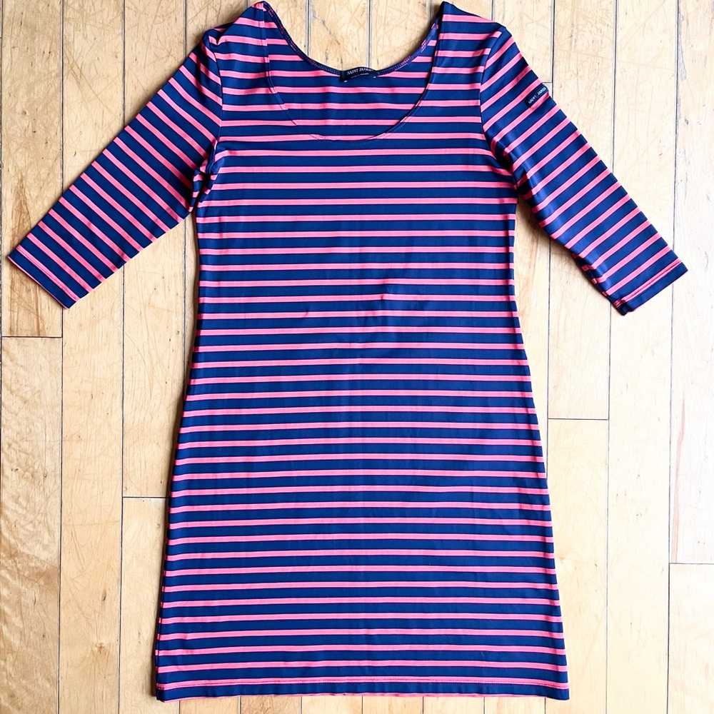 Saint James Striped Sheath Dress Navy Blue Pink 3/4 Sleeve Made in France Preppy